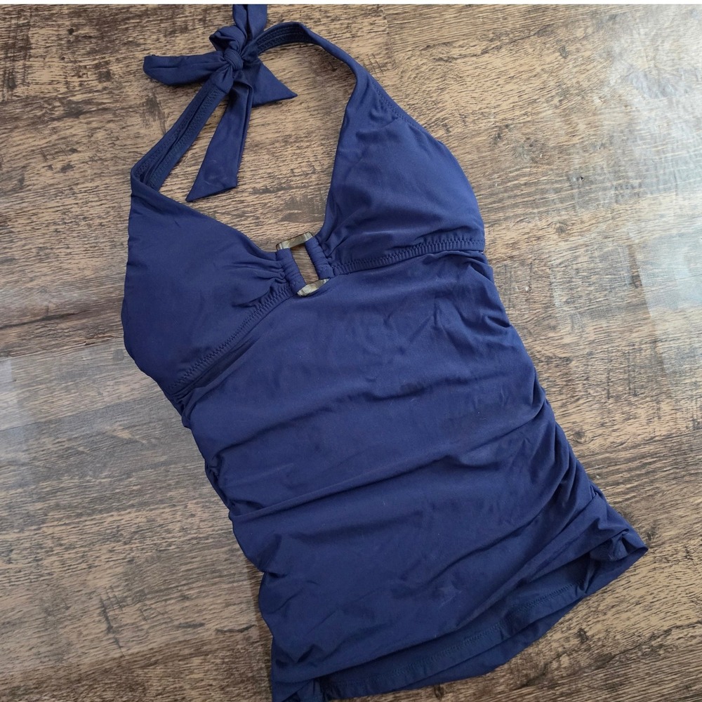 HELEN JON Tankini Swim Top Womens XS Navy Blue Ruched Halter Tortoise Detail